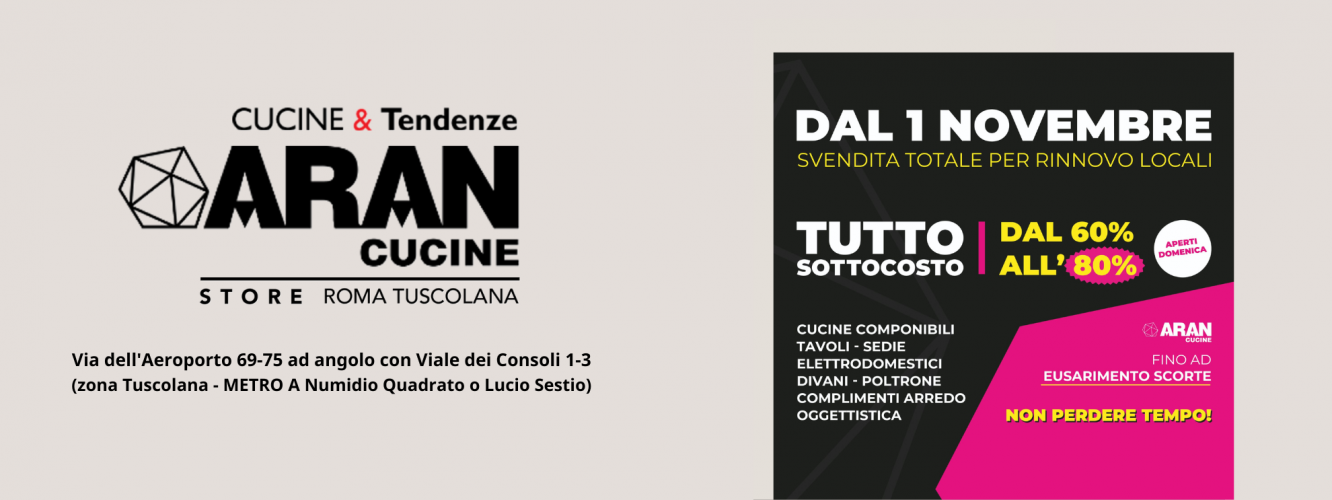 Risparmia fino all'80% per la tua cucina Aran. Svendita totale per rinnovo locali.